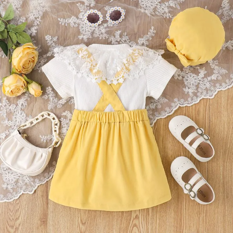 Kids Toddler Girls Casual Cute Solid Color Hollow Mesh Short Sleeve Round Neck T-Shirt Short Skirt Set