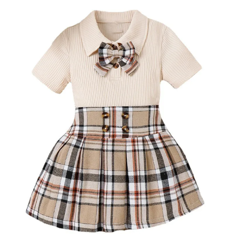 Children Kids Toddlers Fashion Girls Basic Casual Short Sleeve Lapel Bow Top And Plaid Skirt 2pcs Set