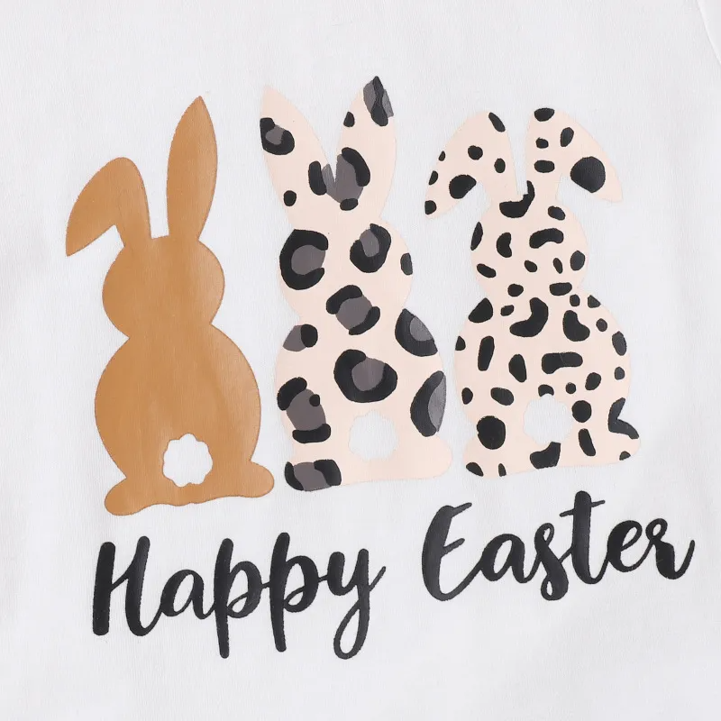 Kids Toddler Girls Casual Cute Easter Alphabet Cartoon Rabbit Print Short Sleeve Round Neck T-Shirt Flare Trousers Set