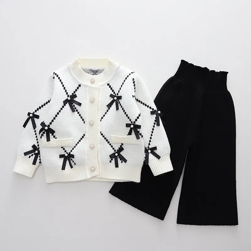 Kids Toddler Girls Autumn Winter Fashion Casual Simple Color Bow Button Round Neck Sweater Pants Set