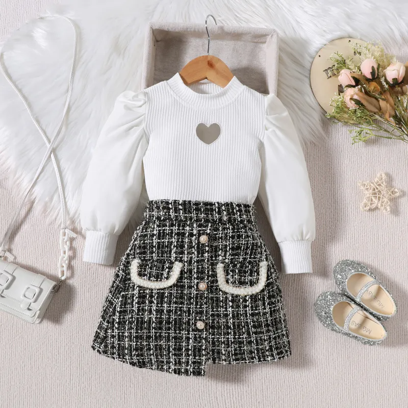 Kids Toddler Girls Autumn Fashion Casual Chic Stripe Heart Shaped Hollow Long Sleeve Sweater Played Skirt Sets