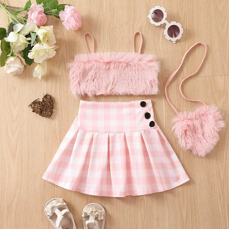 Kids Toddler Girls Casual Cute Sweet Solid Color Plush Cami Tube Top Plaid Skirt Set