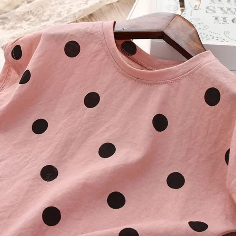 Girls Cute Polka Dot T-Shirt And Cat Pattern Skirt Set