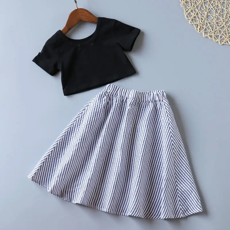 Girls Simple Short-Sleeves T-Shirt And Striped Skirt Set