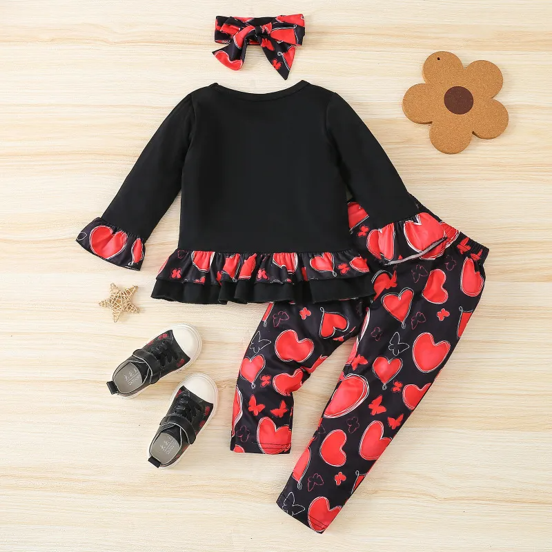 Kids Toddler Girls Casual Cute Sweet Letter Heart Print Long Sleeve Round Neck Sweatshirts Trousers Set