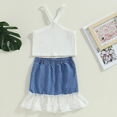 Kids Toddler Girls Casual Cute Solid Color Sleeveless Cami Top Lace Denim Skirt Set