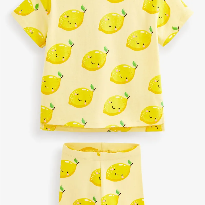 Children Kids Baby Fashion Girls Casual Basic Short Sleeve Lemon Print T-Shirt And Shorts 2pcs Set