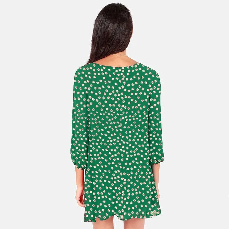 Women Floral Print V-Neck Split Sleeve Dress