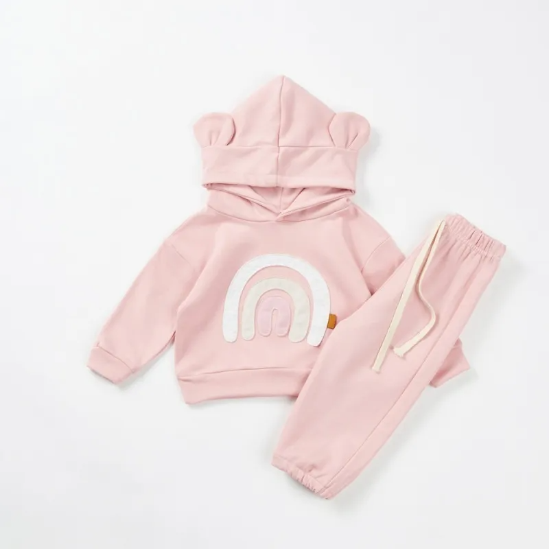 Kids Toddler Boys Girls Casual Cute Basic Rainbow Stripe Long Sleeve Round Neck Hoodies Pants Sets