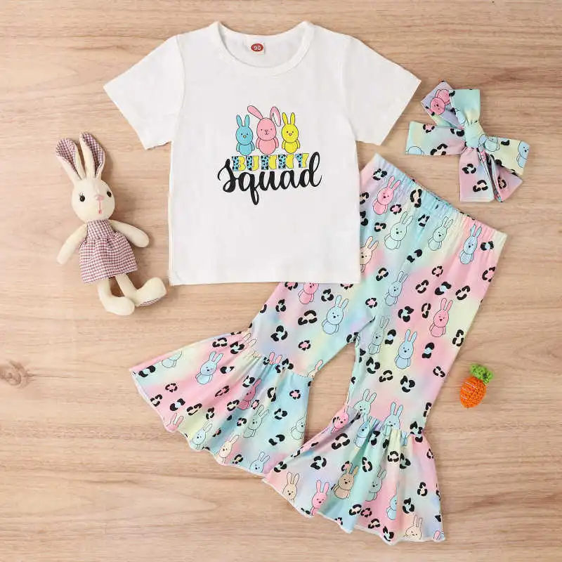 Kids Toddler Girls Casual Cute Easter Alphabet Cartoon Rabbit Print Short Sleeve Round Neck T-Shirt Flare Trousers Set