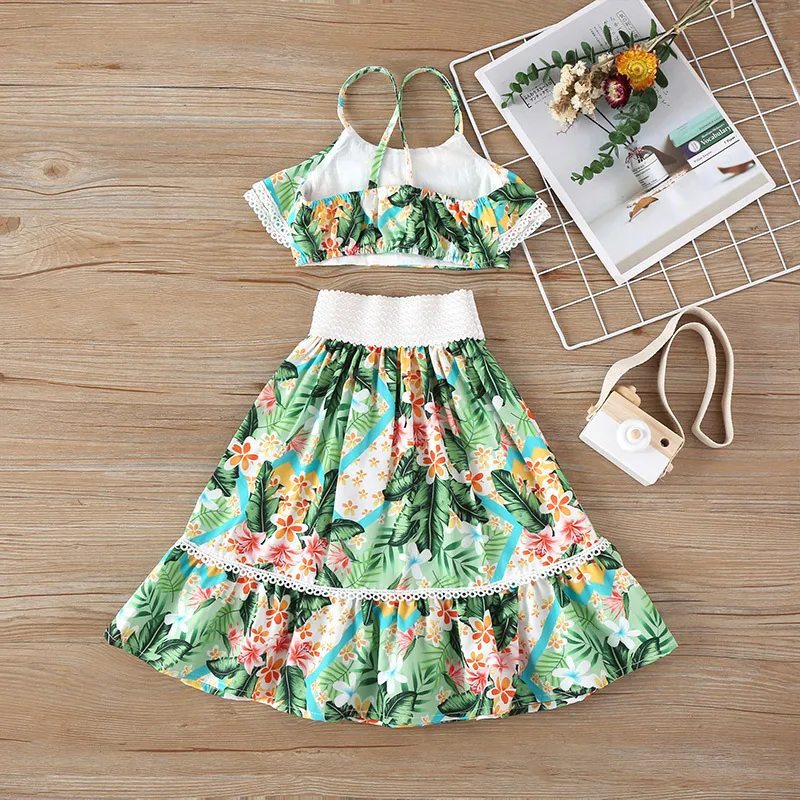 Children Kids Baby Fashion Girls Sleeveless Lace Flower Print Suspender Top And Skirt 2pcs Set