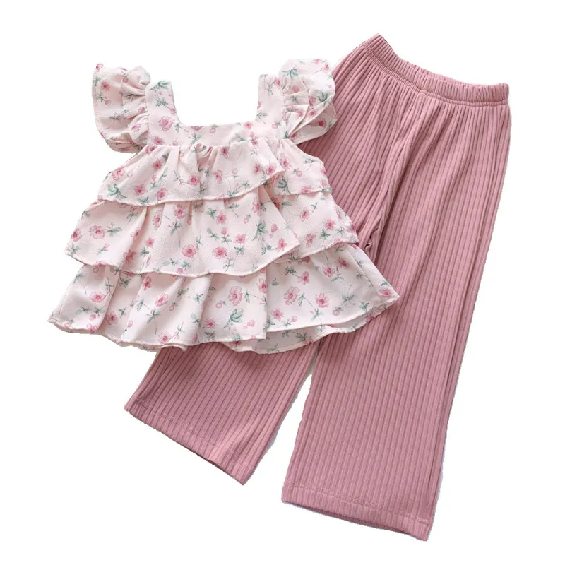 Children Kids Baby Fashion Girls Casual Ruffle Sleeve Flower Print Top And Wide-Leg Pants 2pcs Set