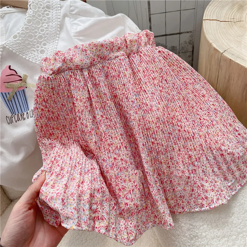 Children Kids Baby Fashion Girls Casual Short Sleeve Cartoon Ice Cream Print Top And Flower Skirt 2pcs Set