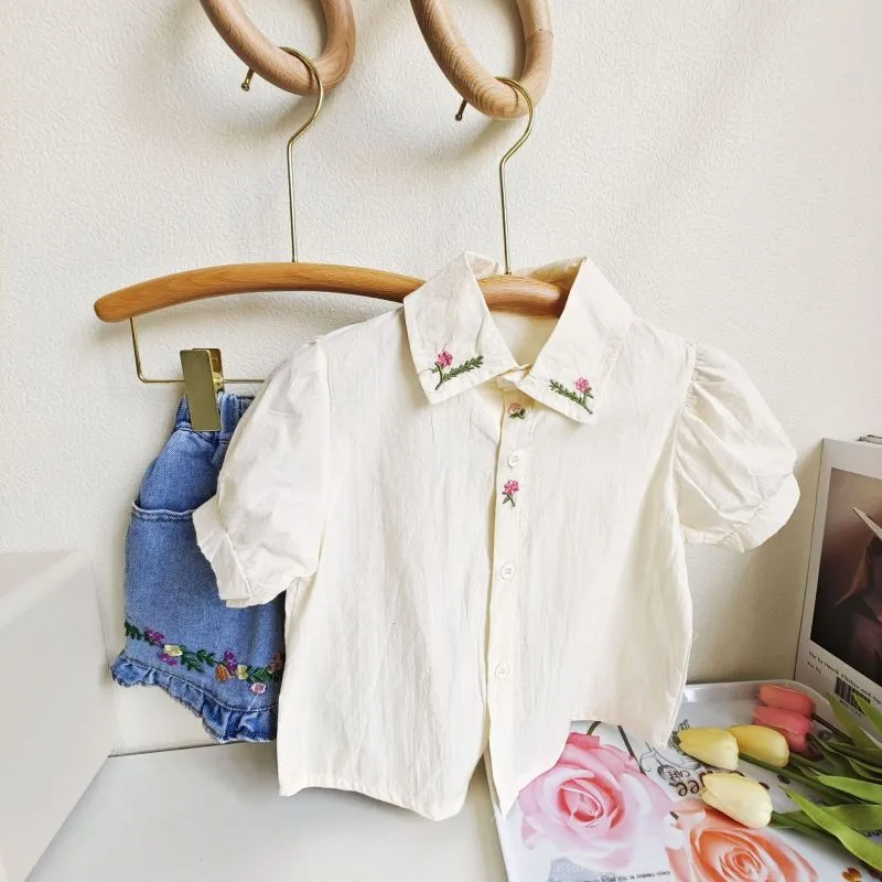 Children Kids Baby Fashion Girls Casual Short Sleeve Flower Embroidery Blouse And Denim Shorts 2pcs Set