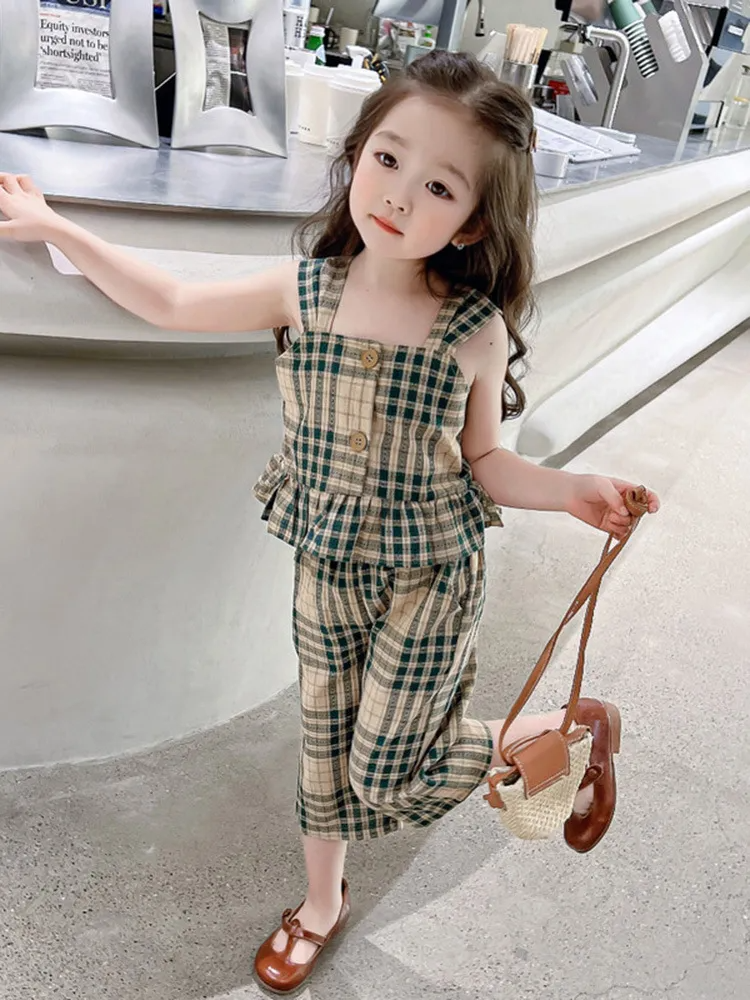 Children Kids Baby Fashion Girls Sleeveless Plaid Print Suspenders Tops And Pants 2pcs Set