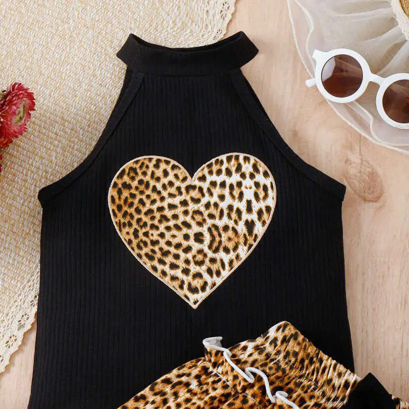 ids Toddler Girls Fashion Casual Leopard Heart-Shaped Pattern Sleeveless O Neck Vest Bow Skirt Sets