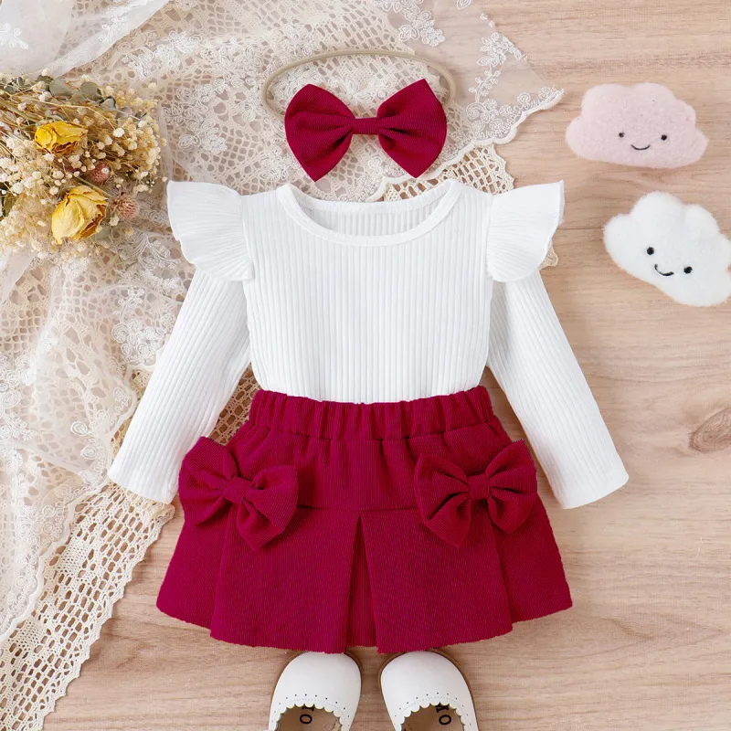 Kids Baby Toddler Girls Fashion Casual Solid Color Stripe Long Sleeve Round Neck T-Shirt Bow Skirt Sets