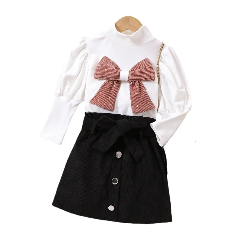 Children Kids Toddlers Girls High-Neck Lantern Sleeve Bow Tops And Skirt 2pcs Set