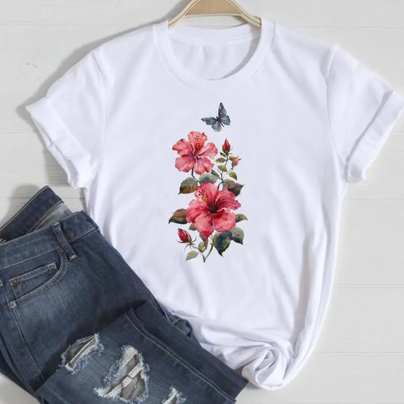 Basic Women Fashion Casual Butterfly Print Round Neck Short Sleeve T-Shirt