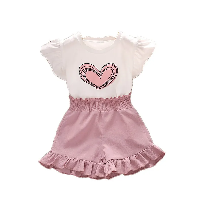 Children Kids Baby Fashion Ruffle Sleeve Heart Top And Pink Shorts 2pcs Set