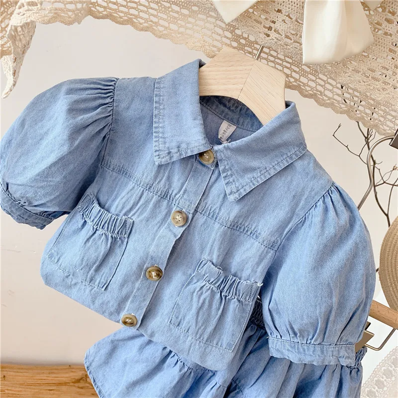 Girls Basic Puff Sleeve Lapel Single-Breasted Top And Skirt Denim Two-Piece Set