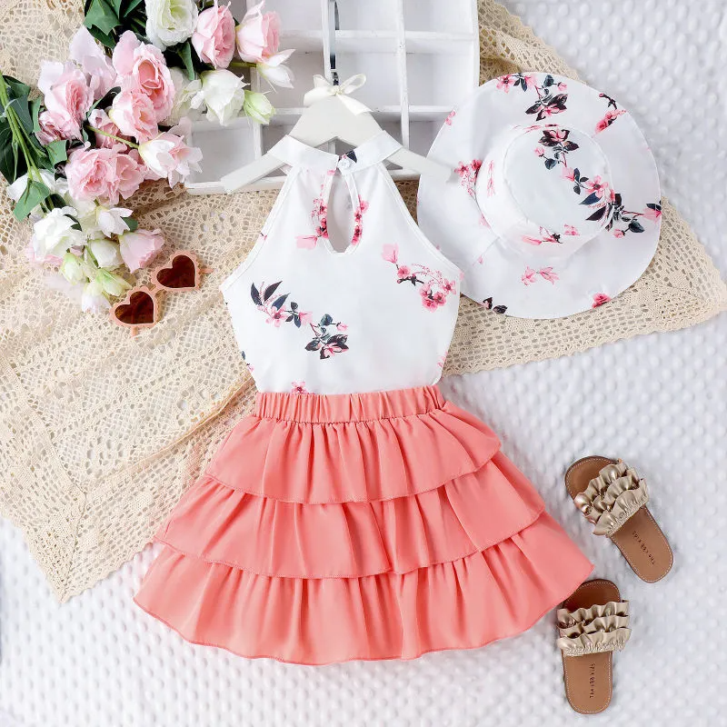 Kids Toddler Girls Casual Cute Floral Print Sleeveless Halter Neck Top Skirt Set