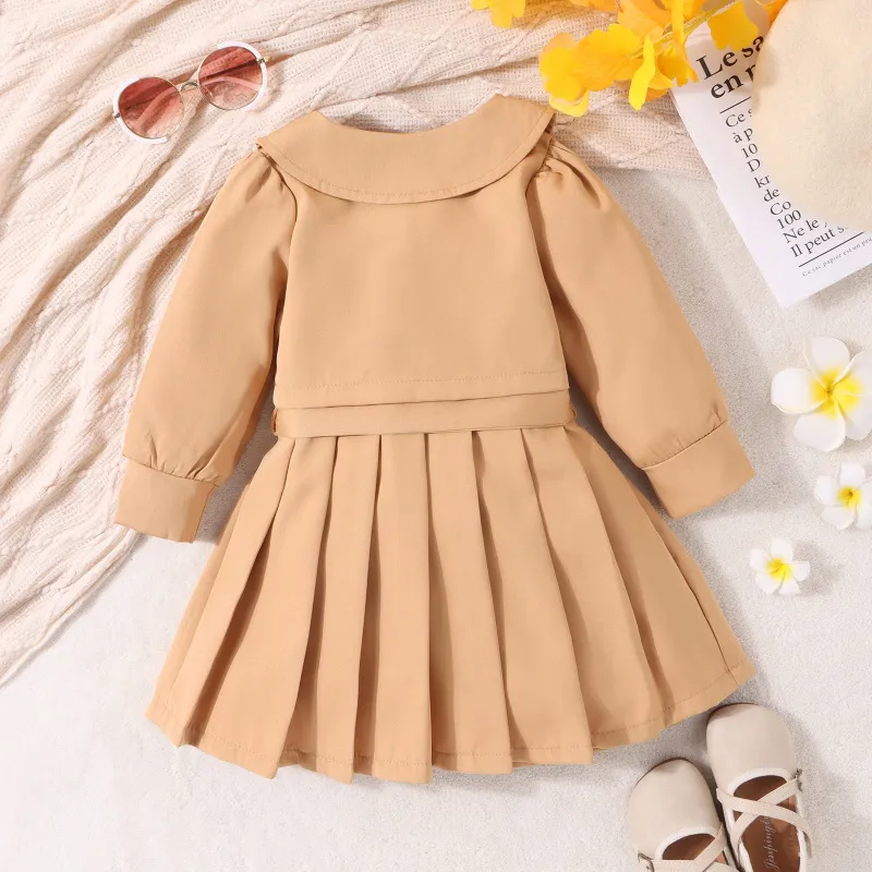 Kids Toddler Girls Fashion Casual Solid Color Sleeveless V Neck Pleated Dress Long Sleeve Lapel Coat Sets