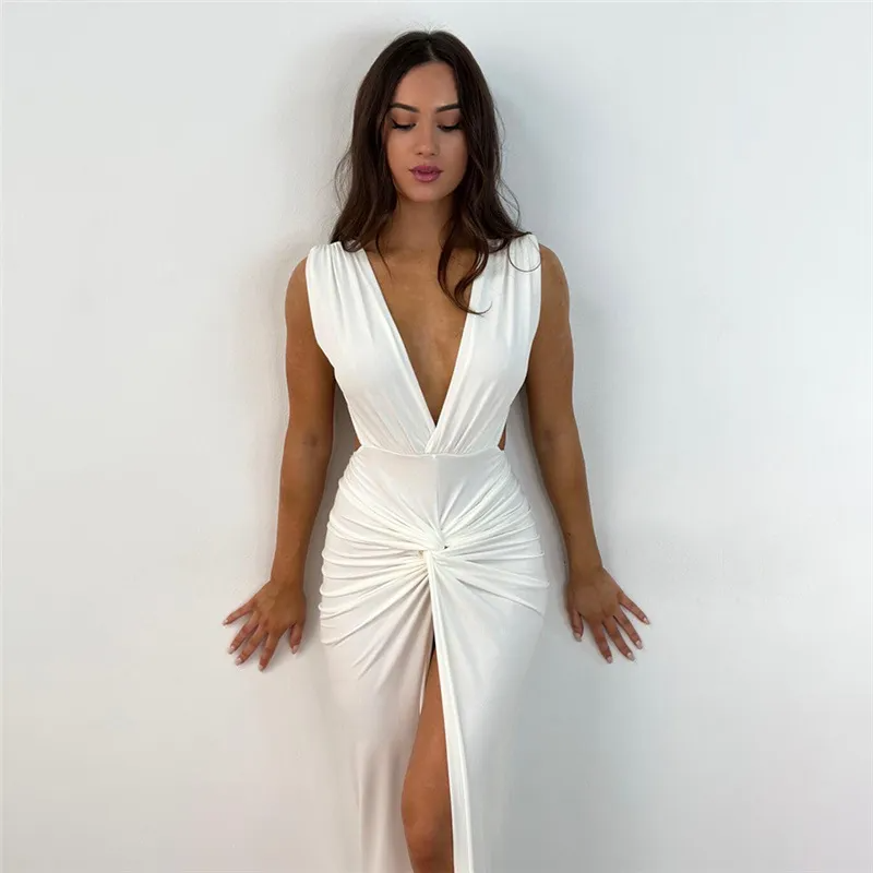 Spring And Summer Women Fashion Backless Sexy V-Neck Side-Slit Maxi Solid Dress