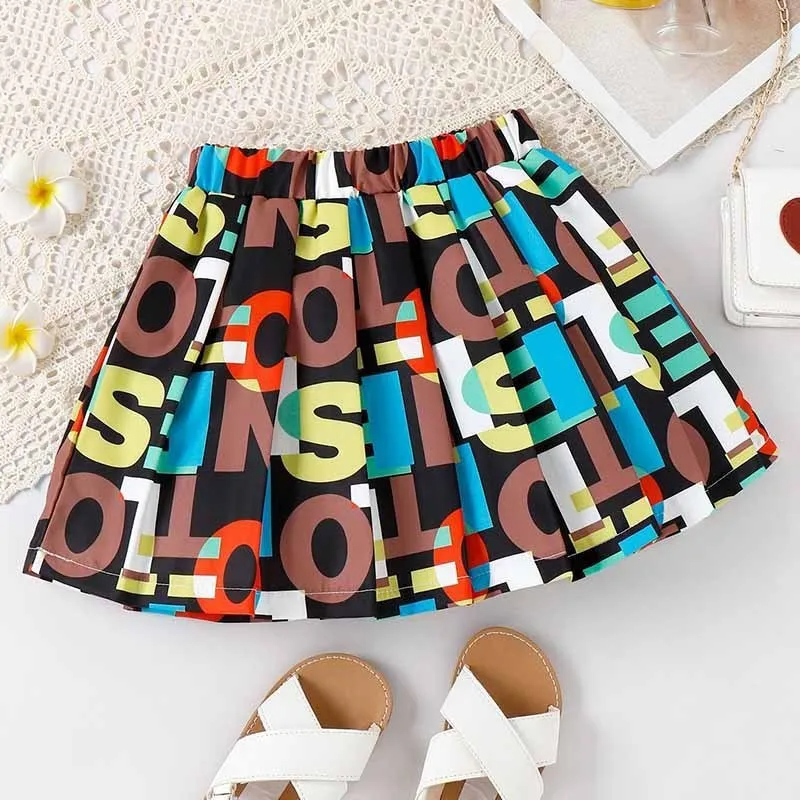 Kids Toddler Girls Casual Cute Solid Color Sleeveless One-Shoulder Top Letter Print Skirt Set