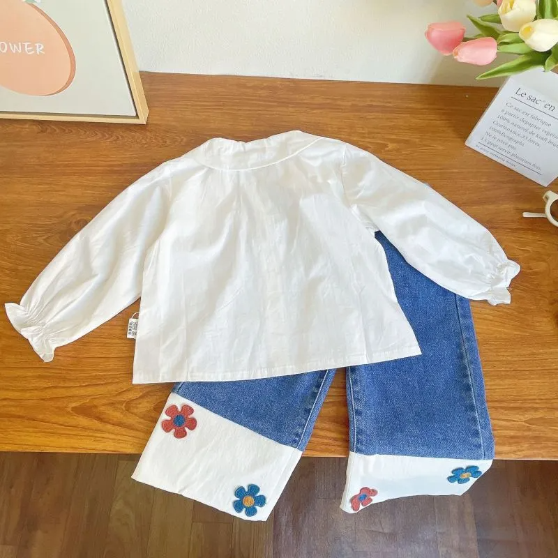 Children Kids Baby Fashion Girls Casual Long Sleeve Cartoon Print Blouse And Flower Jeans 2pcs Set