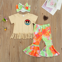 Girls Fashion Tassel Design Tops And Tie-Dye Bell-Bottoms White Headband