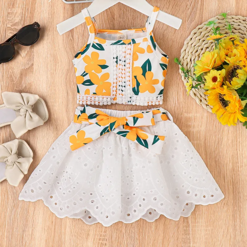 Kids Toddler Girls Casual Cute Sweet Floral Print Vest Skirt Set