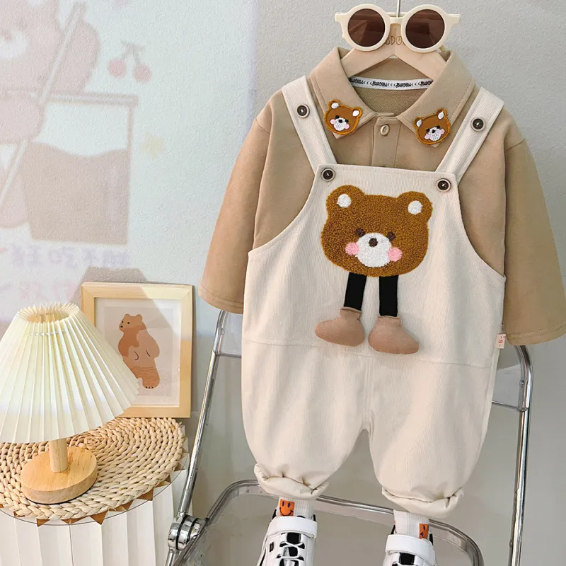 Kids Toddler Girls Boys Autumn Winter Fashion Casual Cute Solid Color Cartoon Bear Long Sleeve Sweatshirts Suspender Trousers Suit