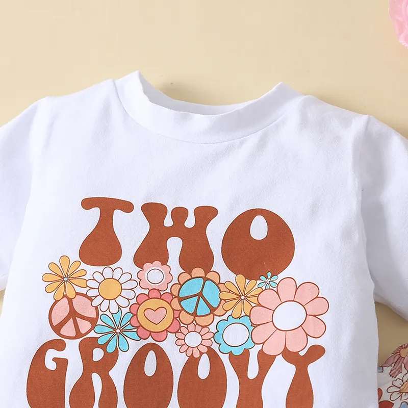 Kids Toddler Girls Summer Fashion Casual Sweet Cotton Letter Round Neck T-Shirt Tiny Flower Flower Trousers Set