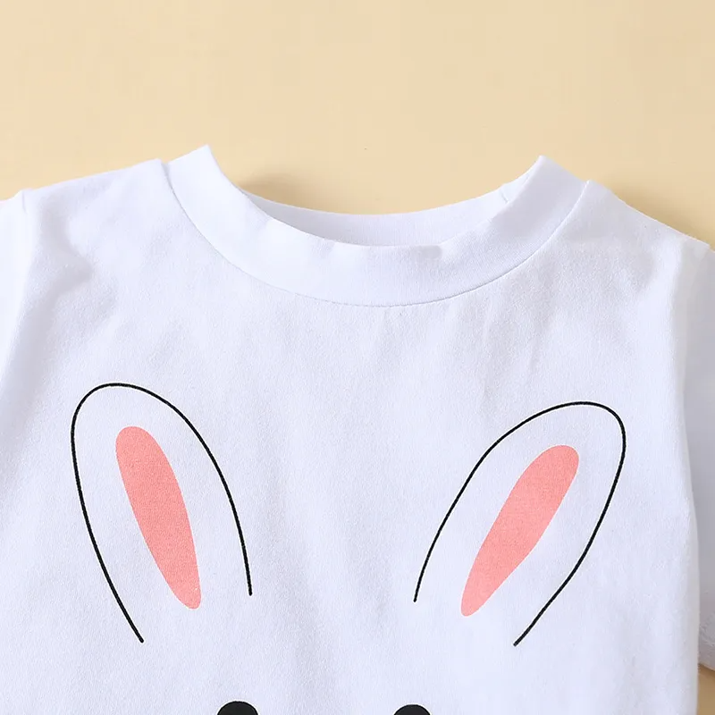 Kids Toddler Girls Summer Fashion Casual Easter Cotton Cartoon Bunny Round Neck Short Sleeve Flare Trousers Set