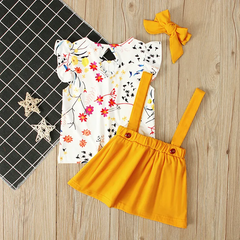 Kids Baby Girls Summer Fashion Casual Cute Tiny Flower Raglan Sleeve Round Neck Suspender Skirt Set