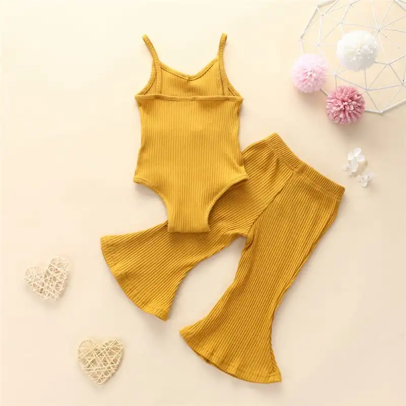 Girls Solid Color Strap Romper And Bell-Bottom Pants Set