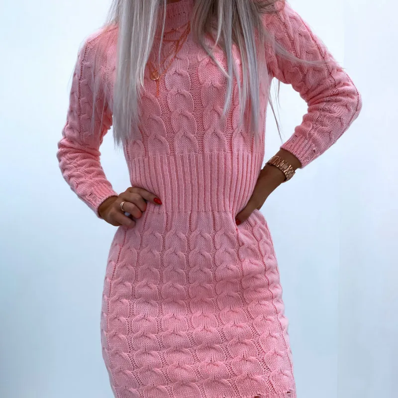 Autumn Winter Women Basic Long Sleeves Solid Color Round Neck Knitted Dress