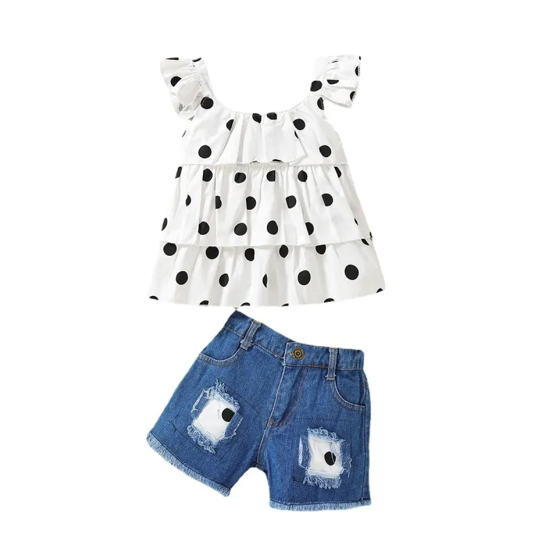 Children Kids Baby Fashion Girls Ruffle Sleeve Polka Dot Top And Denim Shorts 2pcs Set