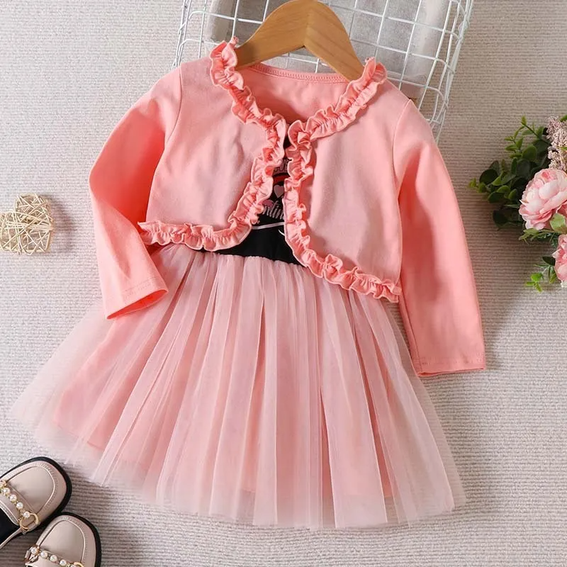 Kids Toddler Girls Casual Cute Sweet Solid Color Long Sleeve Coat Letters Heart Print Mesh Dress Set