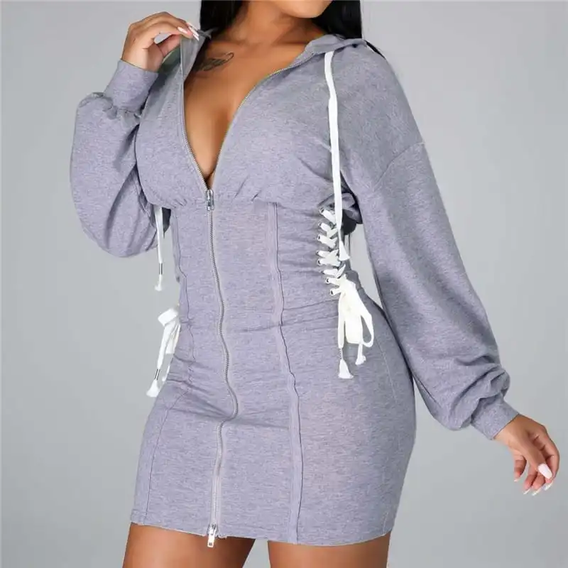 Women Fashion Hooded Lace-Up Zipper Dress