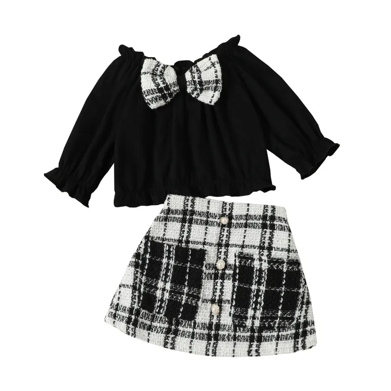 Children Kids Toddlers Girls Bowknot Tops And Plaid Skirts 2pc Set