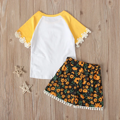 Children Kids Baby Fashion Girls Short Sleeve Letter Print Lace T-Shirt And Flower Print Shorts 2pc Set