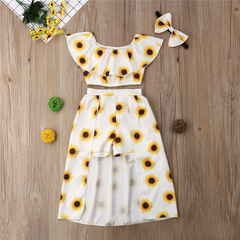 Girls Fashion Sunflower Pattern Ruffled Tops And Culotte With Headband Set