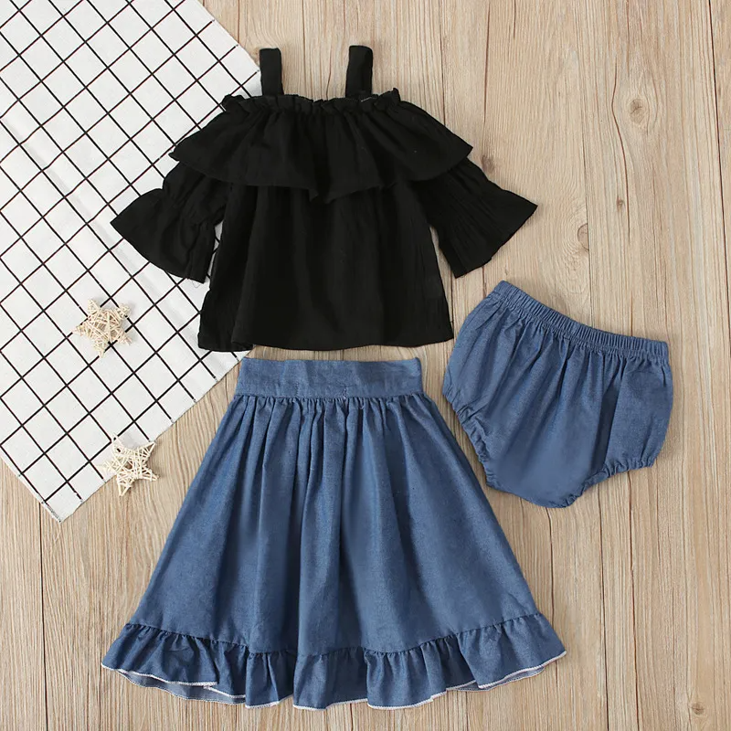 Kids Baby Girls Summer Fashion Pastoral Cotton Solid Color Strap Boat Neck Denim Skirt Set