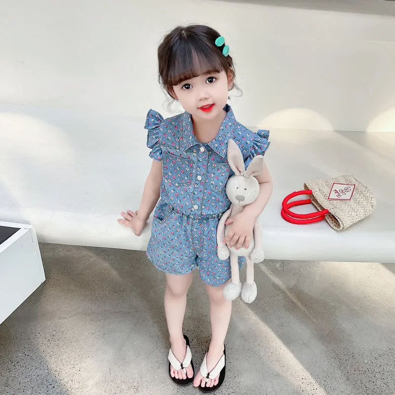 Children Kids Baby Fashion Girls Ruffle Sleeve Flower Print Top And Shorts 2pcs Set