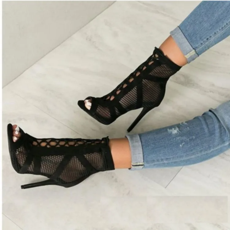 Black Mesh Suede Upper Fashion Cross Strap Sexy Heel Peep Toe Short Boots