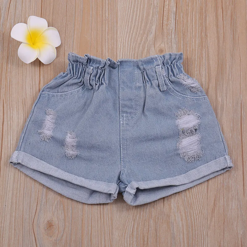 Girls Fashion Off-The-Shoulder Flower Decor Tops And Ripped Jean Shorts Set