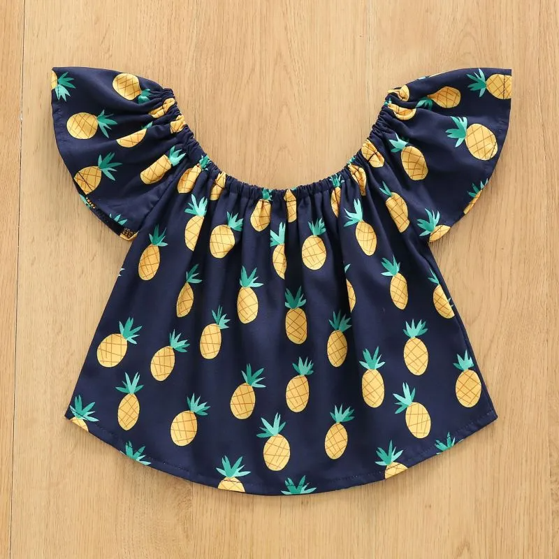 Children Kids Baby Fashion Girls Rufflr Sleeve Pineapple Print Top And Denim Shorts 2pcs Set