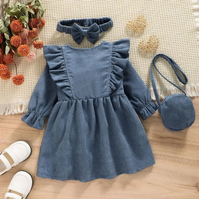 Children Kids Toddlers Fashion Girls Long Sleeve Lace Pit Strip Corduroy Dress